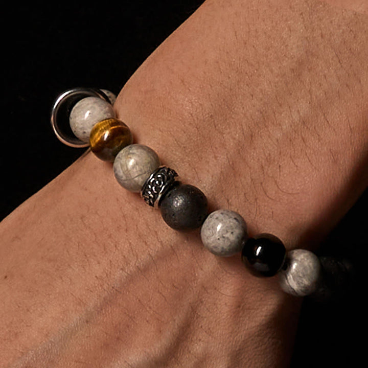 Pulsera curativa de obsidiana , Buddha Stones de tigre, jaspe gris, piedra de lava y brillo plateado - image 2
