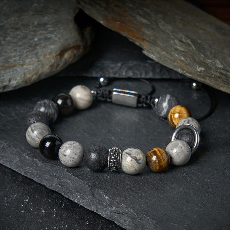 Pulsera curativa de obsidiana , Buddha Stones de tigre, jaspe gris, piedra de lava y brillo plateado - Jaspe gris (circunferencia de la muñeca: 15-17 cm) - image 0