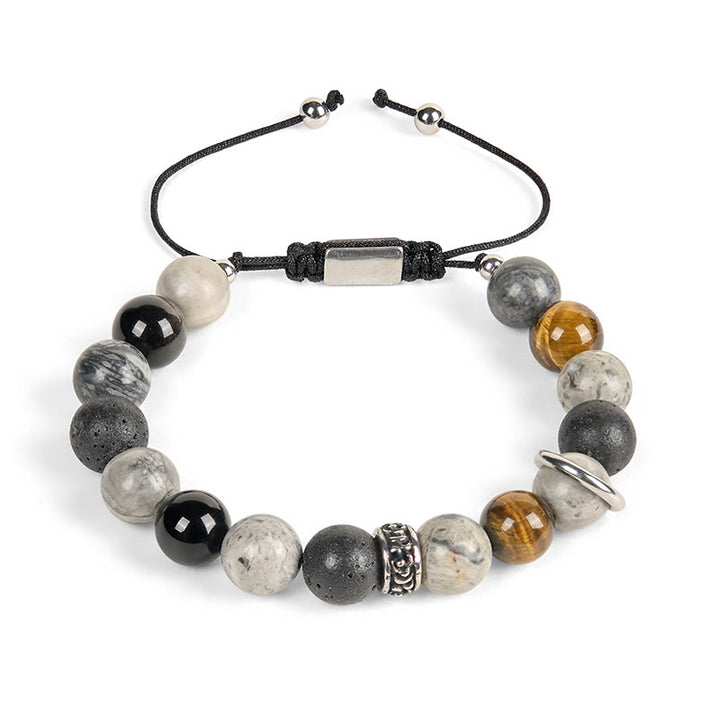 Pulsera curativa de obsidiana , Buddha Stones de tigre, jaspe gris, piedra de lava y brillo plateado - image 4