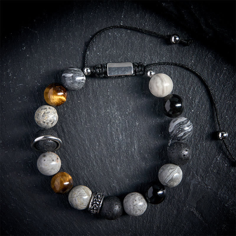 Pulsera curativa de obsidiana , Buddha Stones de tigre, jaspe gris, piedra de lava y brillo plateado - image 1