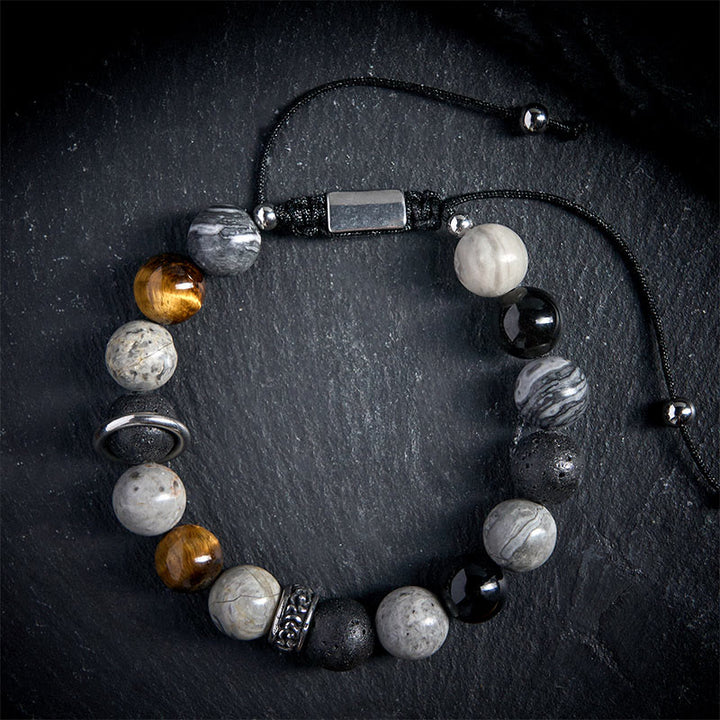 Pulsera curativa de obsidiana , Buddha Stones de tigre, jaspe gris, piedra de lava y brillo plateado - image 1