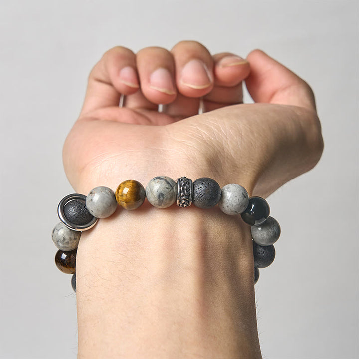 Pulsera curativa de obsidiana , Buddha Stones de tigre, jaspe gris, piedra de lava y brillo plateado - image 3