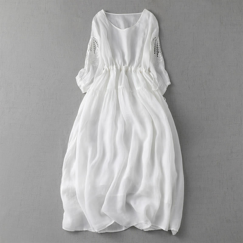Vestido midi con bolsillos, mangas abullonadas y bordado de Buddha Stones - Blanco - US8-10，UK/AU12-14，EU40-42 (2XL) - image 19