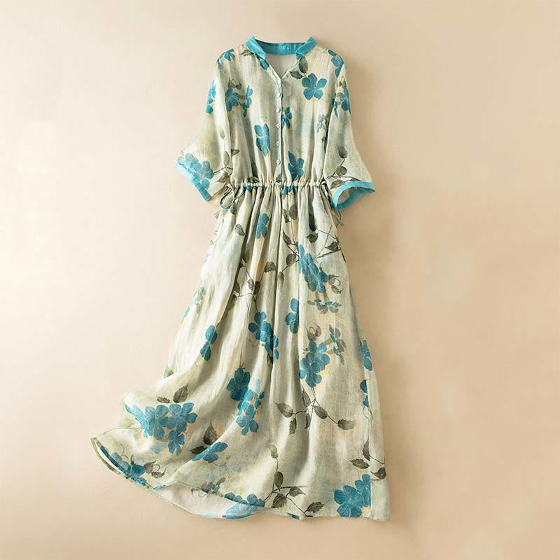 Vestido midi con estampado floral en contraste de color y media manga con bolsillos de Buddha Stones - Verde claro - US12, UK/AU16, EU44 (3XL) - image 0
