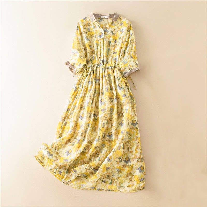 Vestido midi con estampado floral en contraste de color y media manga con bolsillos de Buddha Stones - Amarillo - US12, UK/AU16, EU44 (3XL) - image 13