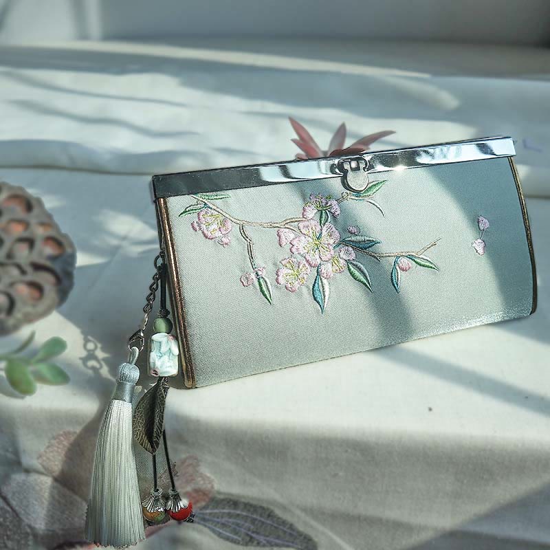 Monedero de compras con bordado de doble cara de bambú, flor de Buddha Stones , ciruela, flor de melocotón, tarjetero para efectivo de gran capacidad - Flores de durazno verdes - image 8