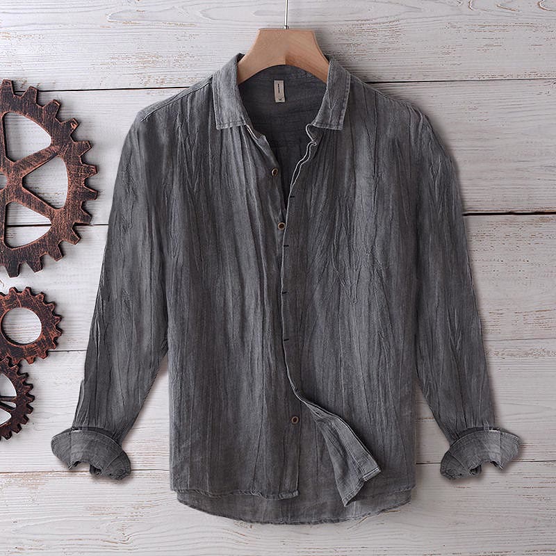 Camisa de lino y algodón con solapa y botones de manga corta para hombre con Buddha Stones - Manga larga - Gris - US/UK/AU50, UE60 (5XL) - image 19
