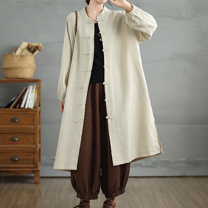 Abrigo informal de mujer con botones de rana y bolsillos, estampado de Buddha Stones. - Beige - US12, UK/AU16, EU44 (2XL) - image 12