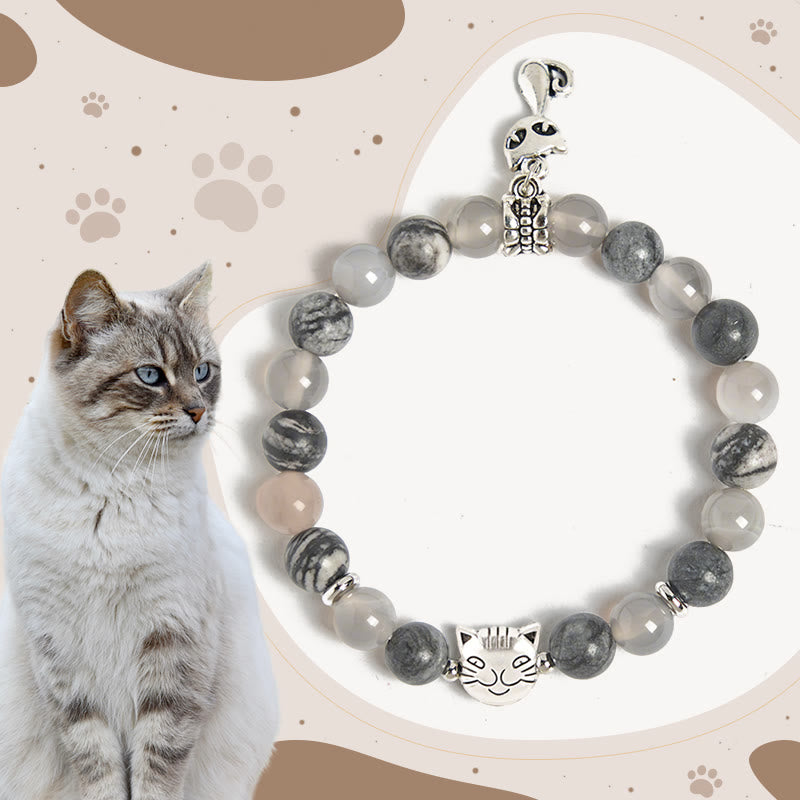 Pulsera curativa de cuentas de ágata jaspe gris natural con diseño de gato de Birmania de Buddha Stones - Gato birmano (circunferencia de la muñeca: 15-16 cm) - image 0