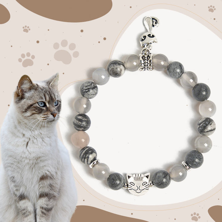 Pulsera curativa de cuentas de ágata jaspe gris natural con diseño de gato de Birmania de Buddha Stones - Gato birmano (circunferencia de la muñeca: 15-16 cm) - image 0