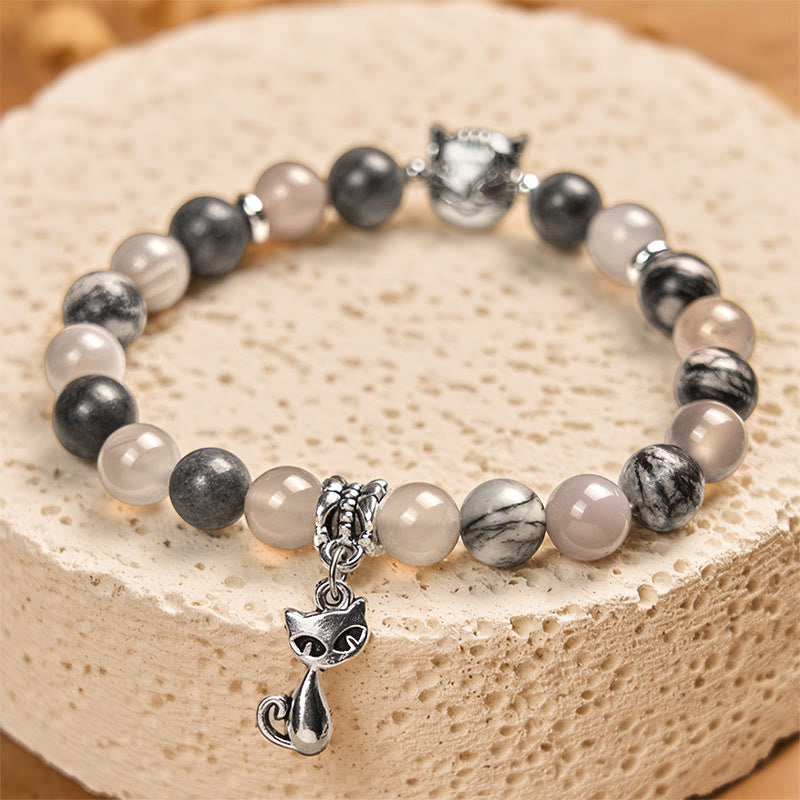 Pulsera curativa de cuentas de ágata jaspe gris natural con diseño de gato de Birmania de Buddha Stones - image 2