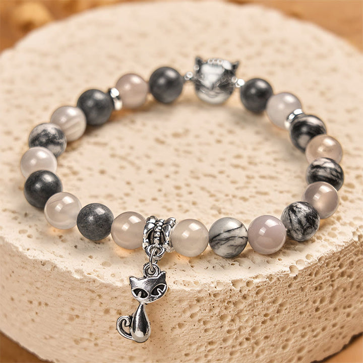 Pulsera curativa de cuentas de ágata jaspe gris natural con diseño de gato de Birmania de Buddha Stones - image 2