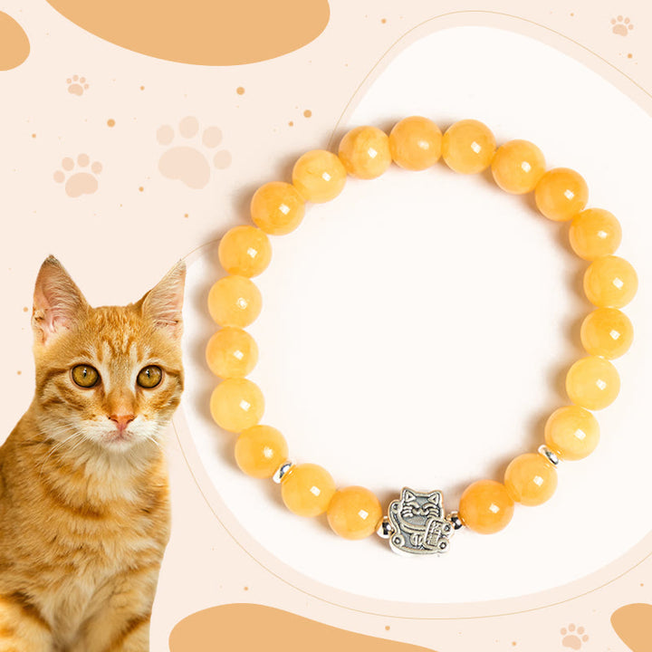 Pulsera de positividad con Buddha Stones en plata de ley 925 con gato atigrado naranja y calcedonia amarilla - Gato atigrado naranja (circunferencia de muñeca: 15-16 cm) - image 0
