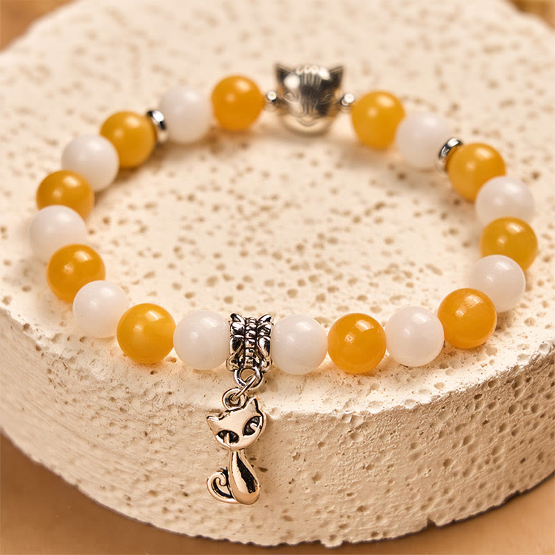 Pulsera de la paz con Buddha Stones, gato atigrado naranja y blanco, calcedonia amarilla y calcedonia blanca - image 2