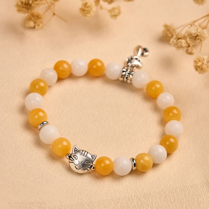 Pulsera de la paz con Buddha Stones, gato atigrado naranja y blanco, calcedonia amarilla y calcedonia blanca - image 1