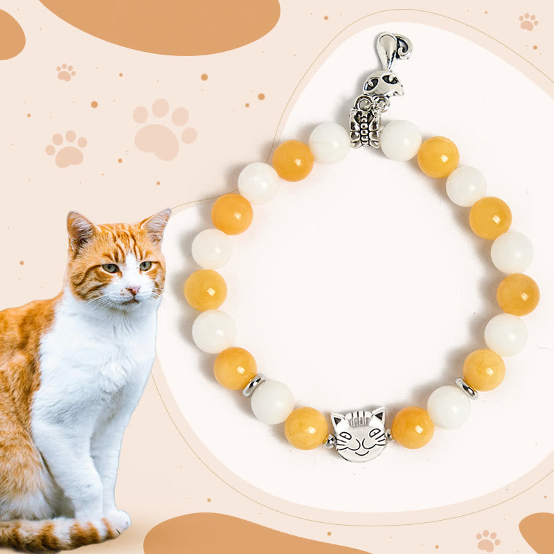 Pulsera de la paz con Buddha Stones, gato atigrado naranja y blanco, calcedonia amarilla y calcedonia blanca - Gato atigrado naranja y blanco (circunferencia de la muñeca: 15-16 cm) - image 0