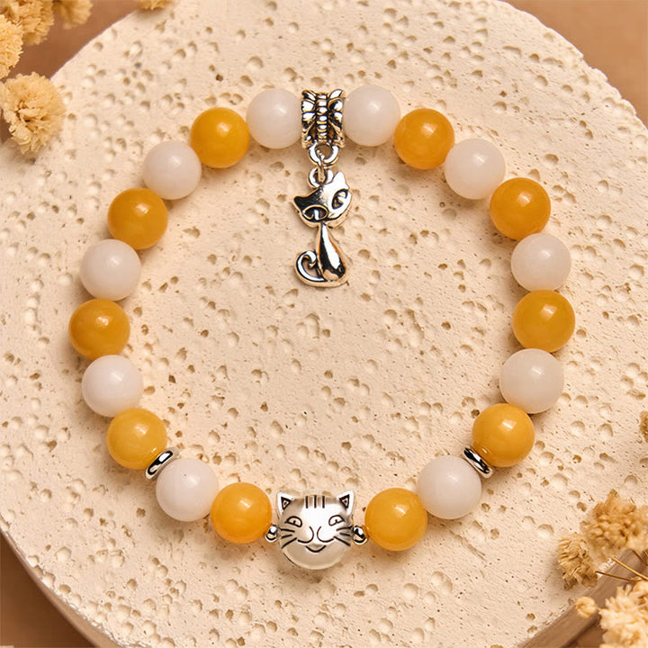 Pulsera de la paz con Buddha Stones, gato atigrado naranja y blanco, calcedonia amarilla y calcedonia blanca - image 3