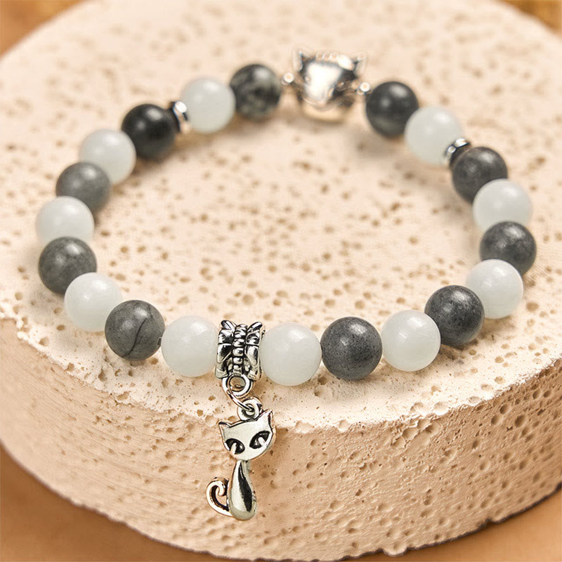 Pulsera de estabilidad con Buddha Stones, gato atigrado gris, jaspe veteado negro natural y calcedonia blanca - image 2