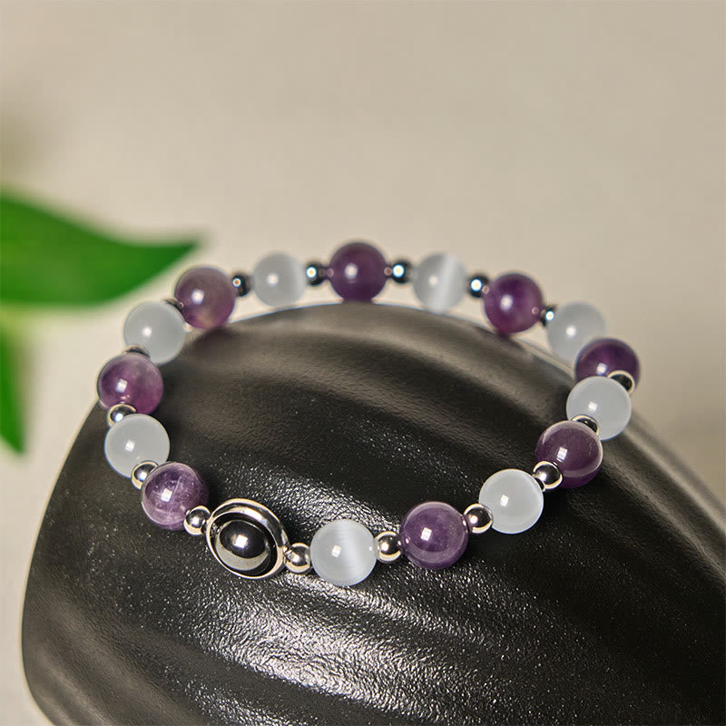 Pulsera de equilibrio con cuentas de ojo de gato blancas y amatista natural de Buddha Stones - Amatista y ojo de gato blanco (circunferencia de la muñeca: 15-17 cm) - image 0