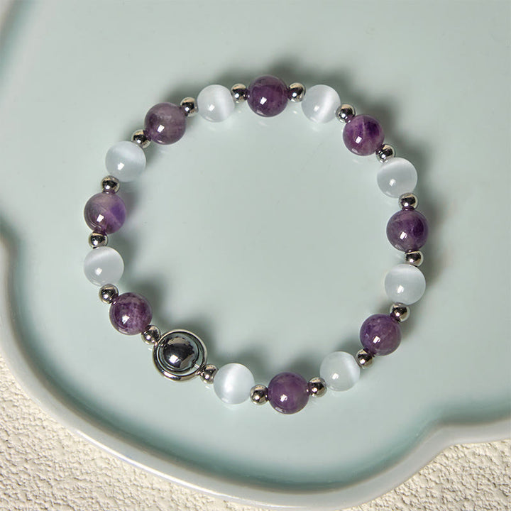 Pulsera de equilibrio con cuentas de ojo de gato blancas y amatista natural de Buddha Stones - image 2