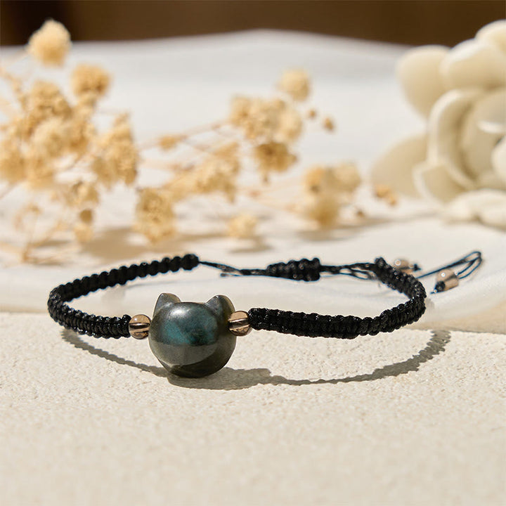 Pulsera curativa de cuerda negra con labradorita natural y cabeza de gato de Buddha Stones - image 2