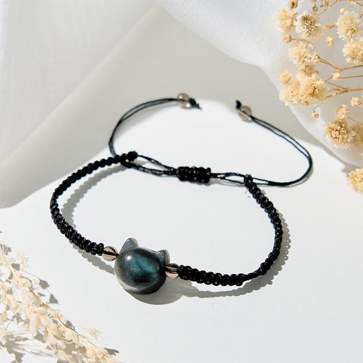 Pulsera curativa de cuerda negra con labradorita natural y cabeza de gato de Buddha Stones - image 3