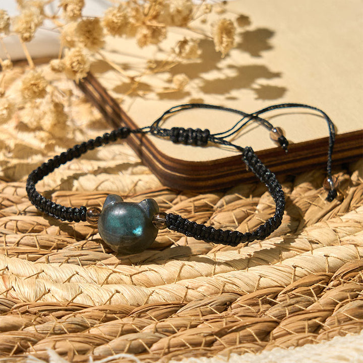 Pulsera curativa de cuerda negra con labradorita natural y cabeza de gato de Buddha Stones - image 4