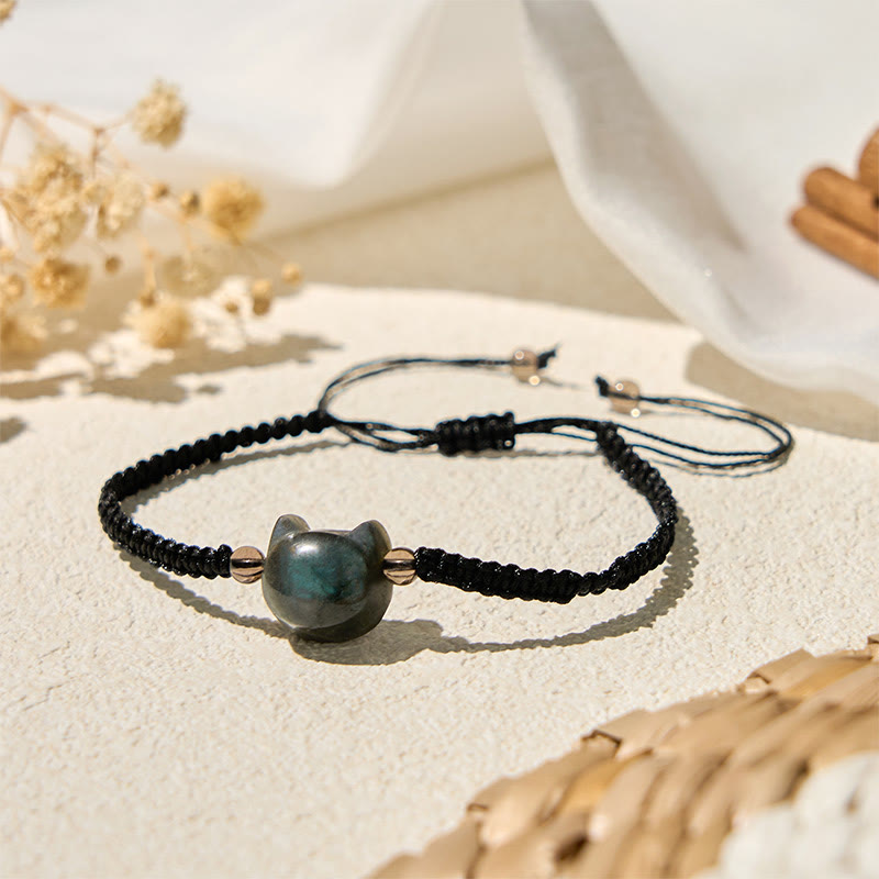 Pulsera curativa de cuerda negra con labradorita natural y cabeza de gato de Buddha Stones - image 1