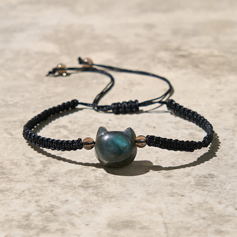 Pulsera curativa de cuerda negra con labradorita natural y cabeza de gato de Buddha Stones - Labradorita (circunferencia de la muñeca: 15-21 cm) - image 0