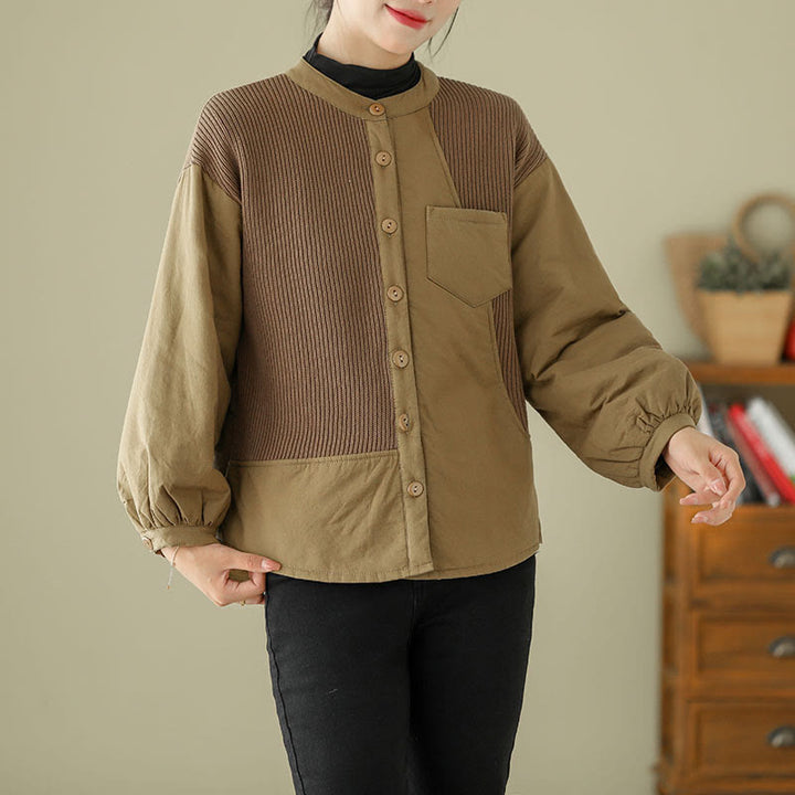 Chaqueta de algodón de manga larga con bolsillo para mujer, diseño de patchwork liso, de Buddha Stones Commute - image 3