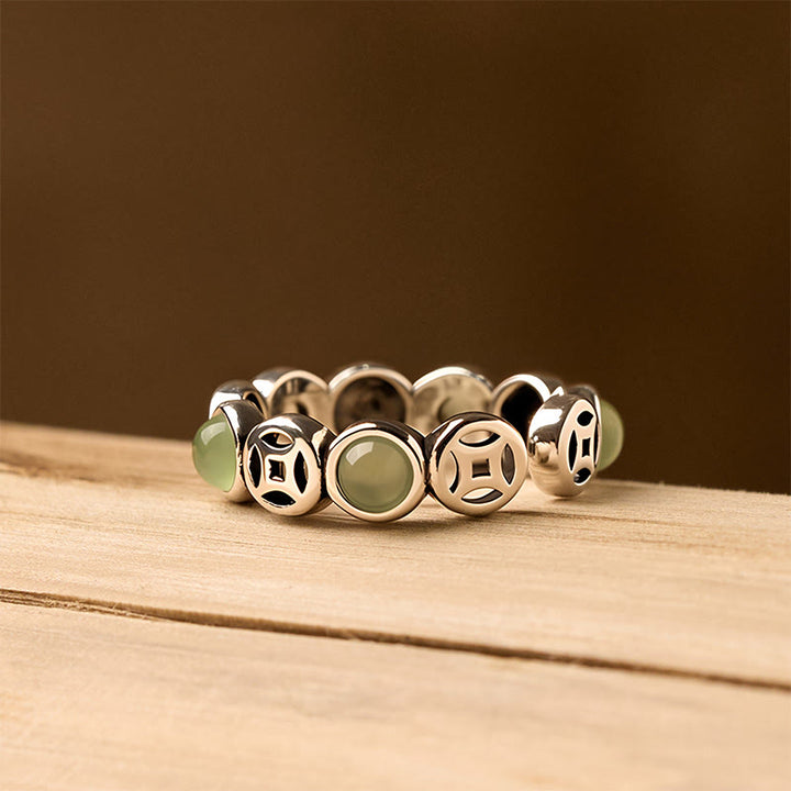 Anillo abierto de prosperidad y suerte con monedas de cobre, ágata roja del sur y jade de Buddha Stones - image 2