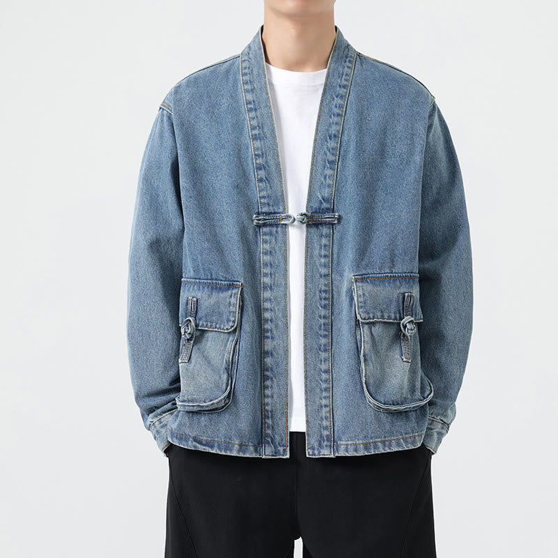 Chaqueta de algodón de manga larga para hombre con diseño de botones de mezclilla y bolsillos de Buddha Stones - Azul cielo claro - US/UK/AU48，EU58(5XL) - image 11