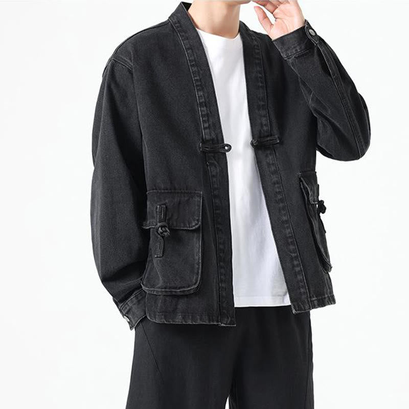 Chaqueta de algodón de manga larga para hombre con diseño de botones de mezclilla y bolsillos de Buddha Stones - image 1