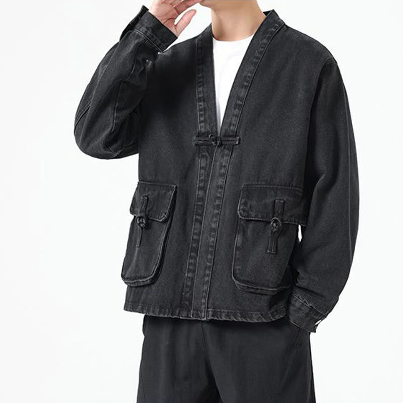 Chaqueta de algodón de manga larga para hombre con diseño de botones de mezclilla y bolsillos de Buddha Stones - image 3