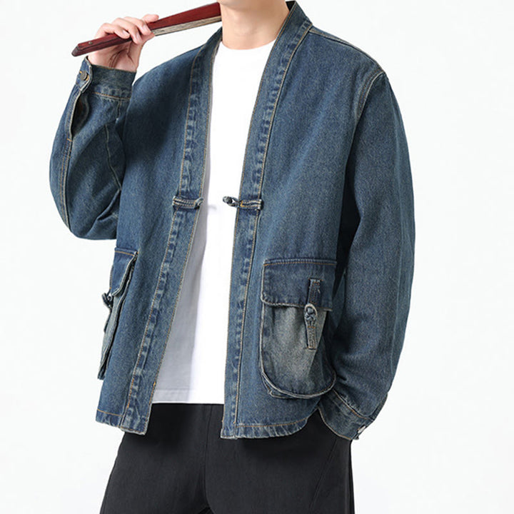 Chaqueta de algodón de manga larga para hombre con diseño de botones de mezclilla y bolsillos de Buddha Stones - image 21