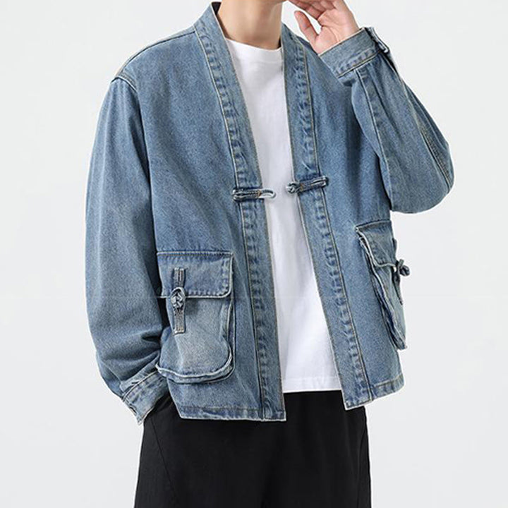 Chaqueta de algodón de manga larga para hombre con diseño de botones de mezclilla y bolsillos de Buddha Stones - image 12