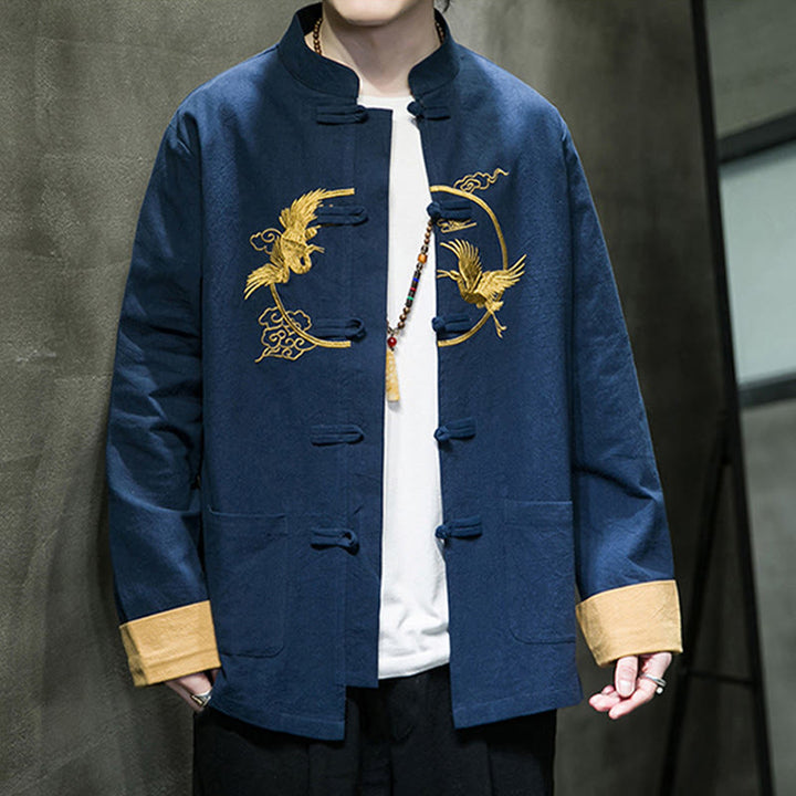 Camisa de lino y algodón de manga larga para hombre con grullas bordadas con Buddha Stones y nubes auspiciosas, botones de rana - image 28