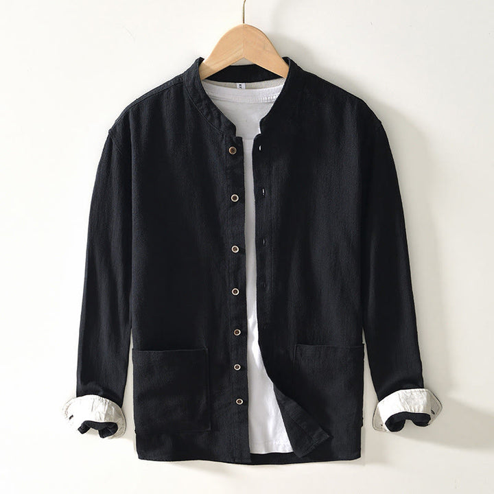 Camisa de algodón ramio para hombre con botones, manga larga y bolsillos, con estampado de Buddha Stones caídas. - Negro - US/UK/AU42, EU52 (3XL) - image 0
