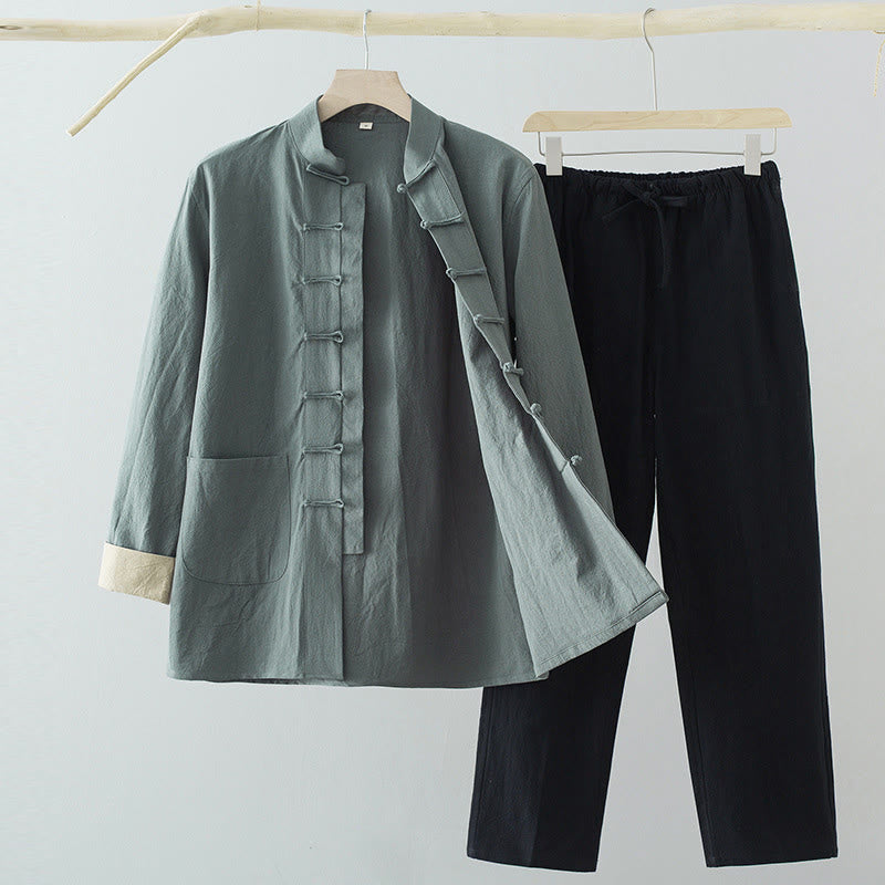 Conjunto de 2 Buddha Stones de traje Tang para hombre, camisa de manga larga de algodón y lino con botones de rana y pantalones con bolsillos. - Camisa azul cadete + pantalones negros - US/UK/AU44, EU54 (4XL) - image 0