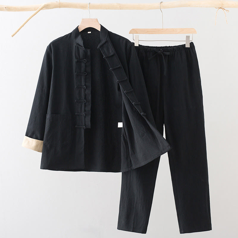 Conjunto de 2 Buddha Stones de traje Tang para hombre, camisa de manga larga de algodón y lino con botones de rana y pantalones con bolsillos. - Negro - US/UK/AU44, EU54 (4XL) - image 1