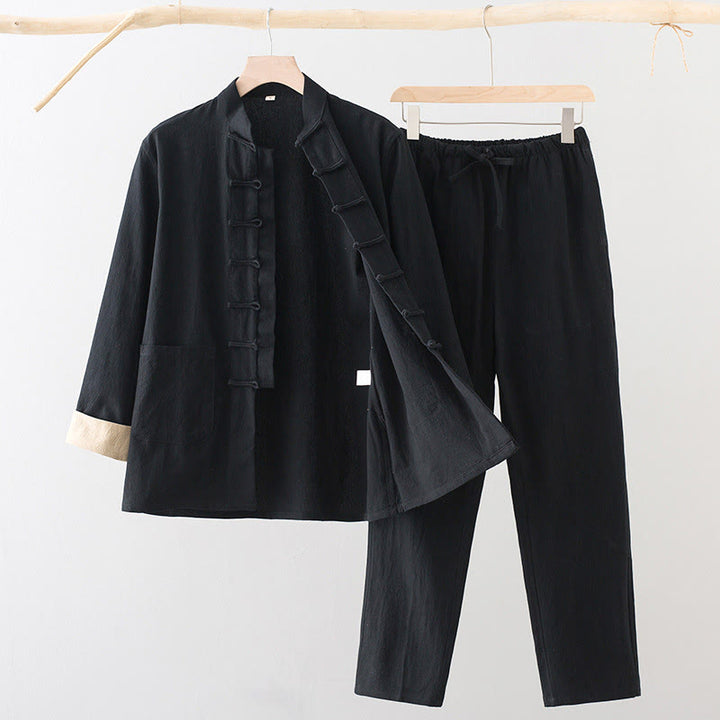 Conjunto de 2 Buddha Stones de traje Tang para hombre, camisa de manga larga de algodón y lino con botones de rana y pantalones con bolsillos. - Negro - US/UK/AU44, EU54 (4XL) - image 1