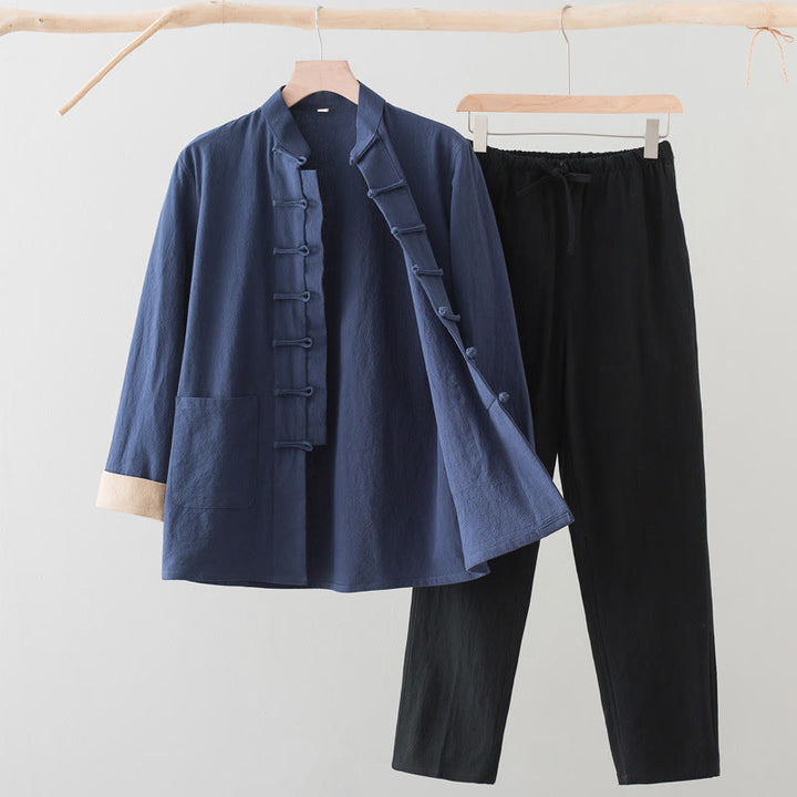 Conjunto de 2 Buddha Stones de traje Tang con botones de rana de algodón para hombre, camisa de manga larga y pantalones con bolsillos. - Camisa azul acero + pantalones negros - US/UK/AU44, EU54 (4XL) - image 4