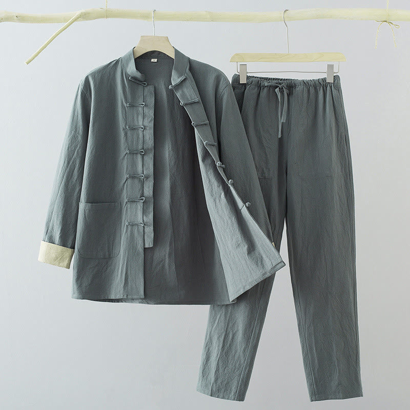 Conjunto de 2 Buddha Stones de traje Tang con botones de rana de algodón para hombre, camisa de manga larga y pantalones con bolsillos. - Cadete Azul - US/UK/AU44, EU54 (4XL) - image 14