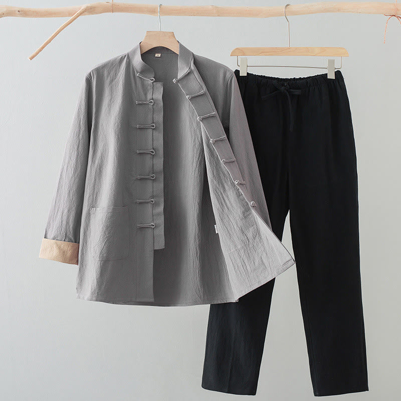 Conjunto de 2 Buddha Stones de traje Tang con botones de rana de algodón para hombre, camisa de manga larga y pantalones con bolsillos. - Camisa gris claro + pantalones negros - US/UK/AU44, EU54 (4XL) - image 16