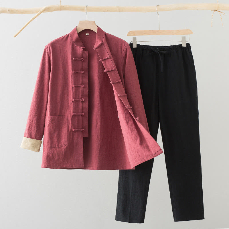 Conjunto de 2 Buddha Stones de traje Tang con botones de rana de algodón para hombre, camisa de manga larga y pantalones con bolsillos. - Camisa salmón + pantalones negros - US/UK/AU44, EU54 (4XL) - image 17