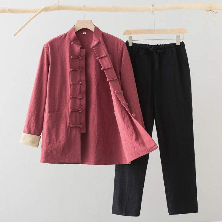 Conjunto de 2 Buddha Stones de traje Tang con botones de rana de algodón para hombre, camisa de manga larga y pantalones con bolsillos. - Camisa salmón + pantalones negros - US/UK/AU44, EU54 (4XL) - image 17