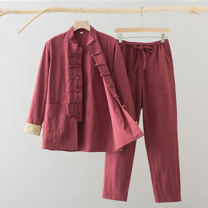 Conjunto de 2 Buddha Stones de traje Tang con botones de rana de algodón para hombre, camisa de manga larga y pantalones con bolsillos. - Salmón - US/UK/AU44, EU54 (4XL) - image 18