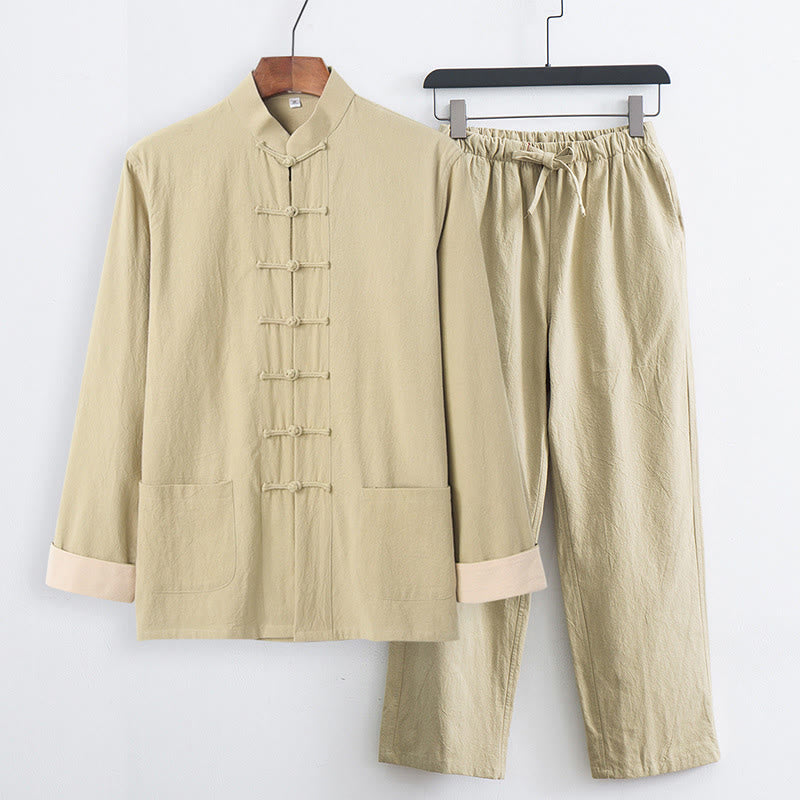 Conjunto de 2 Buddha Stones de traje Tang con botones de rana de algodón para hombre, camisa de manga larga y pantalones con bolsillos. - vara de oro pálida - US/UK/AU44, EU54 (4XL) - image 19