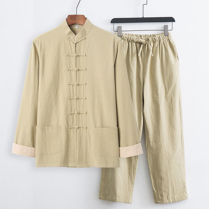 Conjunto de 2 Buddha Stones de traje Tang con botones de rana de algodón para hombre, camisa de manga larga y pantalones con bolsillos. - vara de oro pálida - US/UK/AU44, EU54 (4XL) - image 19