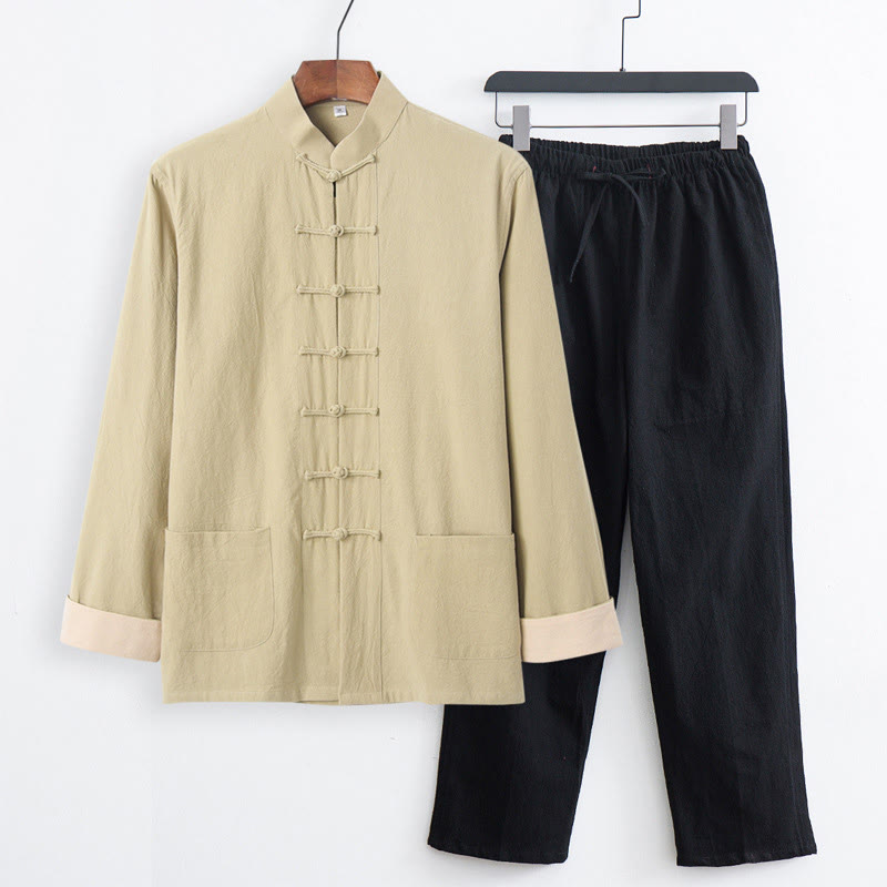 Conjunto de 2 Buddha Stones de traje Tang con botones de rana de algodón para hombre, camisa de manga larga y pantalones con bolsillos. - Camisa color vara de oro pálido + pantalones negros - US/UK/AU44, EU54 (4XL) - image 20